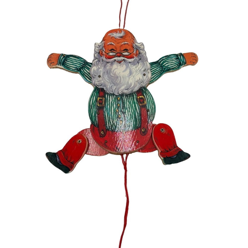 Wooden Santa Jumping Jack Pull String Christmas Tree Ornament Vintage Jointed 8"